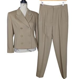 90s Vintage INC International Concepts Double Breasted Wool Pant Suit Tan Size 8
